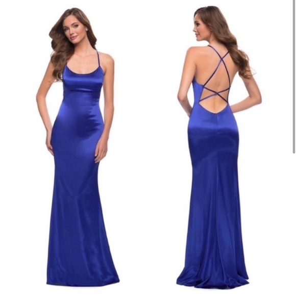 La Femme Royal Blue satin maxi dress gown NWT